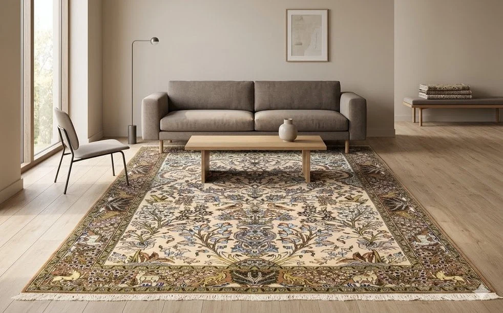 Alternative view of Qom Persian Rug 214 × 140 cm in Wool, hand-knotted