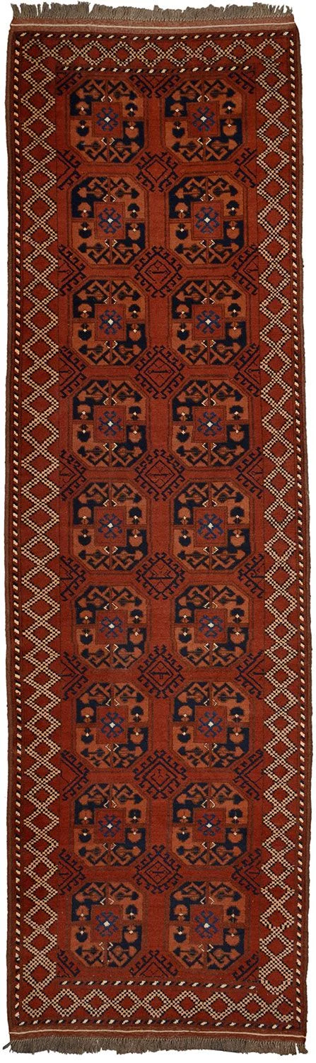 Hand-Knotted Turkmen Afghan Rug, 93 × 309 cm, Wool